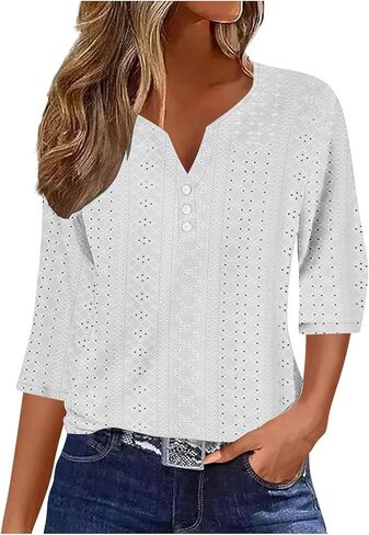3/4 طول الأكمام المفتاح القمصان النسائية الزر العصري لأسفل V-Neck Hollow Out Tunic Top Business Discal in Kuwait
