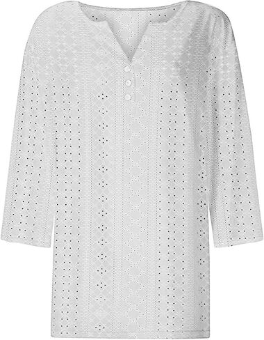 3/4 طول الأكمام المفتاح القمصان النسائية الزر العصري لأسفل V-Neck Hollow Out Tunic Top Business Discal in Kuwait