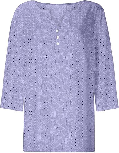 3/4 طول الأكمام المفتاح القمصان النسائية الزر العصري لأسفل V-Neck Hollow Out Tunic Top Business Discal in Kuwait