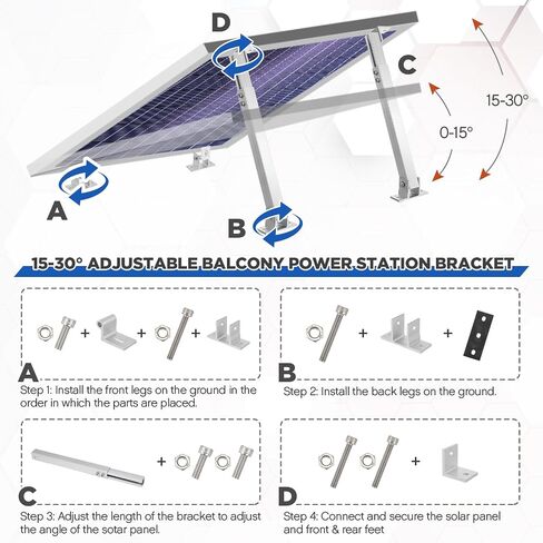 Zonon 4 Pcs Solar Panel Stand Mounting Kit, Adjustable 15-30° Solar Plate Stand Tilt Mount Brackets Aluminum Alloy Mounting Bracket Support 50W 100W 150W 200W 300W Panel for Metal Tin Flat Roof Plate in Kuwait