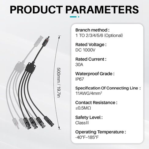 موصل لوحة الطاقة الشمسية من 6 إلى 1 سنة محول متوازي الفرع ، 30A 1000V 10AWG خالية من الأدوات IP68 كابل مقاوم للماء للألواح الشمسية (Y Branch ، 6to1 (1pairs)) in Kuwait