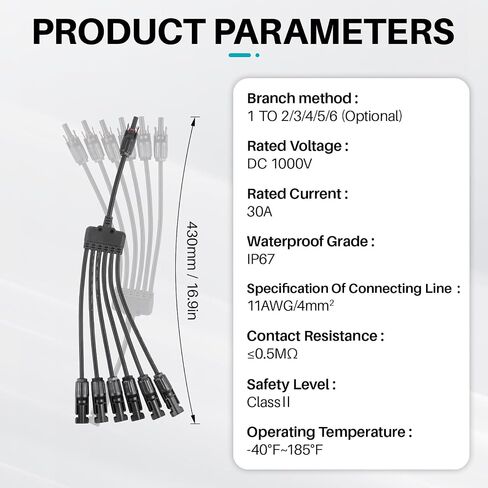 موصل لوحة الطاقة الشمسية من 6 إلى 1 سنة محول متوازي الفرع ، 30A 1000V 10AWG خالية من الأدوات IP68 كابل مقاوم للماء للألواح الشمسية (Y Branch ، 6to1 (1pairs)) in Kuwait