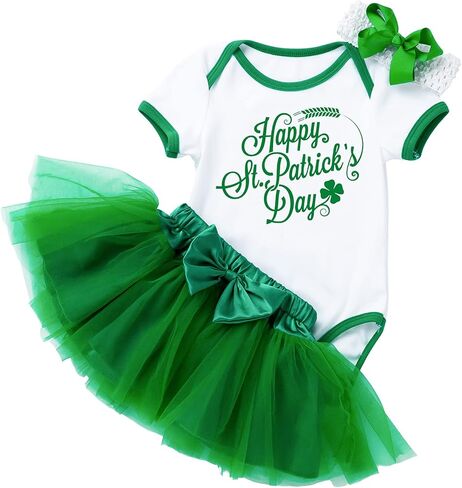 AGQT Infant Baby Girls St. Patrick’s Day Outfit 3Pcs Green Shamrock Romper Bodysuit 0-24 Months in Kuwait