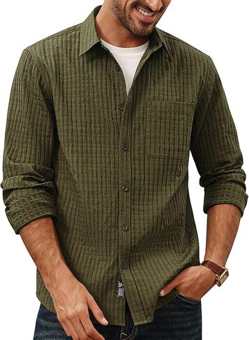 PJ PAUL JONES Men's Casual Button Down Shirts Long Sleeve Textured Wrinkle Free Untucked Shirt with Pocket in Saudi Arabia