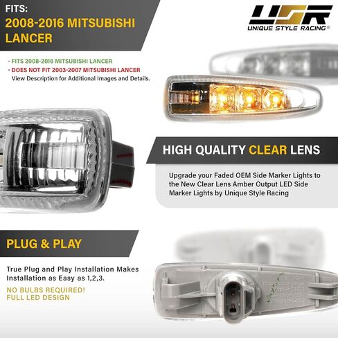 USR 08-17 CZ4A Marker Light-مصابيح الحاجز (يسار + يمين)-متوافقة مع 2008-2014 Mitsubishi Lancer/07-13 Outlander SUV جميع الطرز/القطع (عدسة Crystal Clear W/LED Amber & Socket) in Saudi Arabia