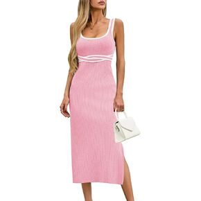Saodimallsu Womens Summer Bodycon Midi Dress Sleeveless Square Neck Color Block Side Slit Ribbed Knit Sweater Tank Dresses in Saudi Arabia