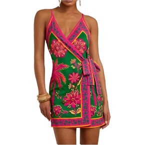 Verdusa Women's Satin Graphic Bow Tie Mini Wrap Dress Backless Spaghetti Strap Dresses in Saudi Arabia