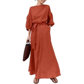CHARTOU Women Elegant Long Dress Boat Neck 3/4 Lantern Sleeve Cotton Linen Dress with Belt in Kuwait