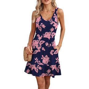 Lilbetter Women's Women's Disual V Deck Summer Sundresses مطاطية فستان طول ركب الركبة مع جيوب in Kuwait