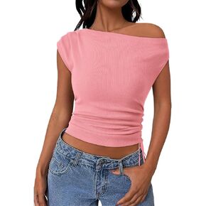 PRETTYGARDEN Womens 2025 Summer Off The Shoulder Crop Cute Tops Sleeveless One Shoulder Ruched Y2K Going Out Tank Top in Kuwait