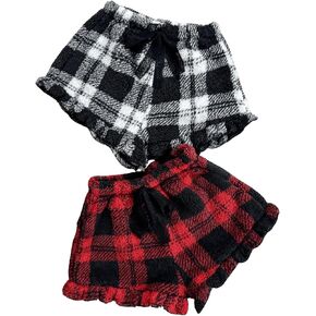 MakeMeChic Women's 2 Pack Y2K Cute Flannel Fuzzy Plaid Ruffle Hem Elastic Waist Pajama Lounge Boxer Shorts in Saudi Arabia