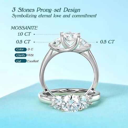 خاتم الخطوبة 3-Stone Moissanite ، 2.0CTTW D Color VVS1 Moissanites 925 خاتم الخطوبة الفضي الاسترليني للنساء للنساء هدايا المجوهرات الزفاف in Kuwait