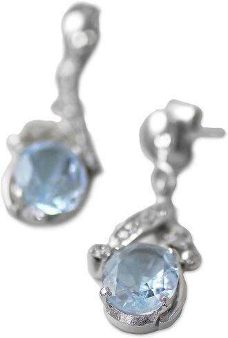 NOVICA Artisan Handcrafted Blue Topaz Dangle Earrings Sterling Silver Floral Jewelr Rhodium Plated Cubic Zirconia Clear India Leaf Tree Birthstone [1 in L x 0.4 in W x 0.2 in D] ' Dazzling Dew' in Saudi Arabia