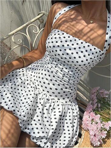 Gorglitter Women's Polka Dots Halter Mini Dress Open ظهرًا in Saudi Arabia