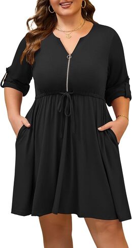 Womens Plus Size Dress Casual Roll up 3/4 Sleeves Zipper V Neck Tie Waist Flowy Loose Dresses with 2 Pockets in Saudi Arabia