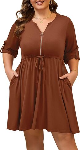 Womens Plus Size Dress Casual Roll up 3/4 Sleeves Zipper V Neck Tie Waist Flowy Loose Dresses with 2 Pockets in Saudi Arabia