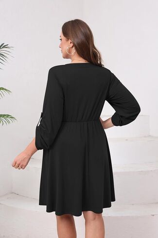 Womens Plus Size Dress Casual Roll up 3/4 Sleeves Zipper V Neck Tie Waist Flowy Loose Dresses with 2 Pockets in Saudi Arabia
