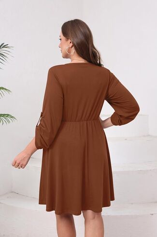 Womens Plus Size Dress Casual Roll up 3/4 Sleeves Zipper V Neck Tie Waist Flowy Loose Dresses with 2 Pockets in Saudi Arabia