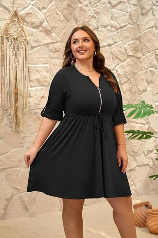 Womens Plus Size Dress Casual Roll up 3/4 Sleeves Zipper V Neck Tie Waist Flowy Loose Dresses with 2 Pockets in Saudi Arabia