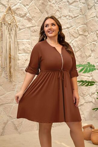 Womens Plus Size Dress Casual Roll up 3/4 Sleeves Zipper V Neck Tie Waist Flowy Loose Dresses with 2 Pockets in Saudi Arabia