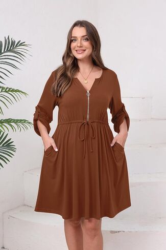 Womens Plus Size Dress Casual Roll up 3/4 Sleeves Zipper V Neck Tie Waist Flowy Loose Dresses with 2 Pockets in Saudi Arabia