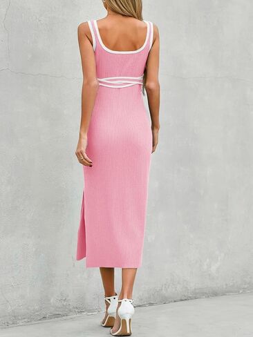 Saodimallsu Womens Summer Bodycon Midi Dress Sleeveless Square Neck Color Block Side Slit Ribbed Knit Sweater Tank Dresses in Saudi Arabia