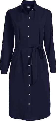 Lands' End Women's Long Sleeve Twill Below The Knee Belted Print Shirt Dress in Kuwait