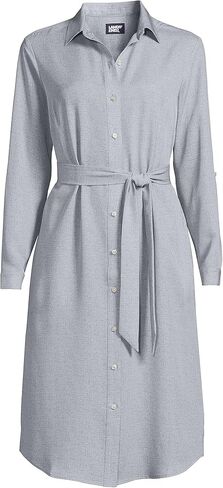 Lands' End Women's Long Sleeve Twill Below The Knee Belted Print Shirt Dress in Kuwait