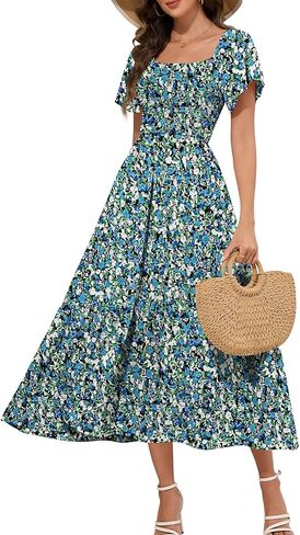 Women's Summer Causal Dress Flowy Maxi Dress Square Neck Sleeve Tiered Smocked with Pockets in Saudi Arabia