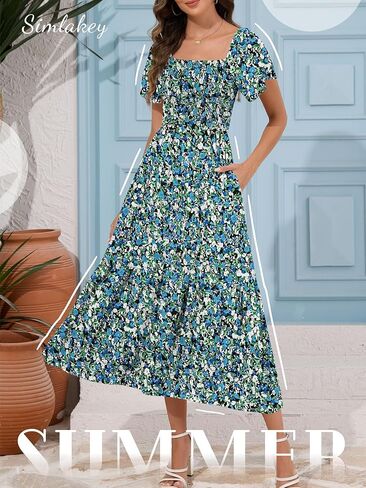 Women's Summer Causal Dress Flowy Maxi Dress Square Neck Sleeve Tiered Smocked with Pockets in Saudi Arabia