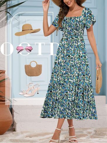 Women's Summer Causal Dress Flowy Maxi Dress Square Neck Sleeve Tiered Smocked with Pockets in Saudi Arabia