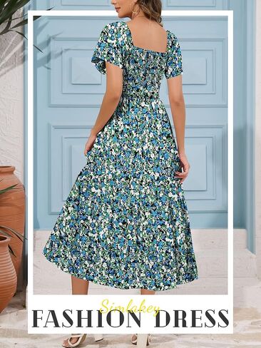 Women's Summer Causal Dress Flowy Maxi Dress Square Neck Sleeve Tiered Smocked with Pockets in Saudi Arabia
