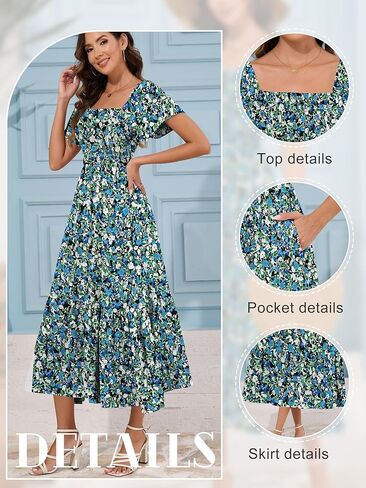 Women's Summer Causal Dress Flowy Maxi Dress Square Neck Sleeve Tiered Smocked with Pockets in Saudi Arabia