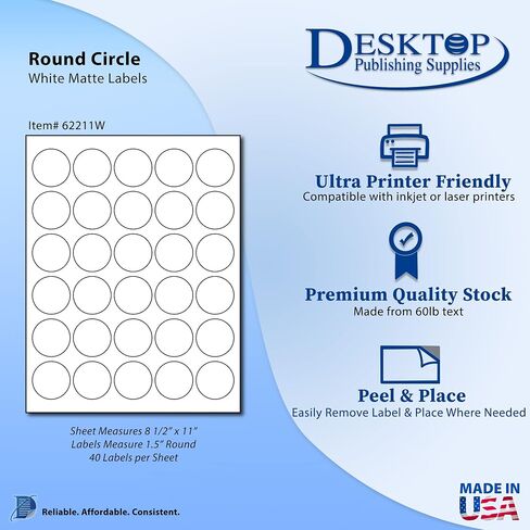 1.5" Round White Adhesive Labels - 30 per Sheet - Printable with Inkjet/Laser - 10 Sheets / 300 Labels in Saudi Arabia