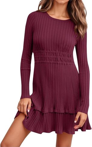 Wenrine Womens Long Sleeve Sweater Dress Dress Disual مضلعة متماسكة Crewneck خط ضئيل مناسبة in Kuwait