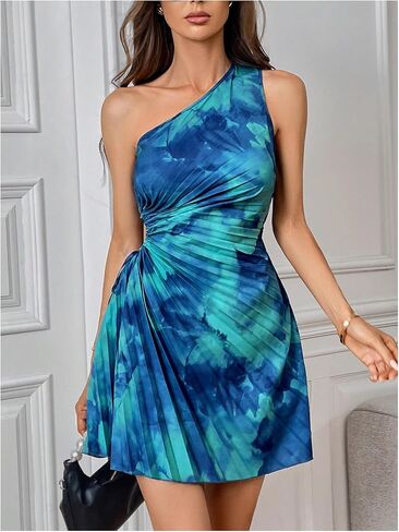 SOLY HUX Women's Tie Dye Pleated Sleeveless Dress One Shoulder Cut Out Drawstring A Line Mini Dresses in Saudi Arabia