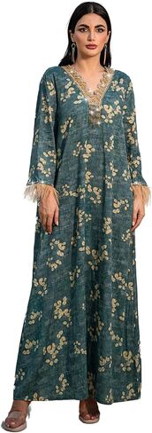 1pc abayas للنساء اللباس المسلمين لبن طويل الأزهار الأزهار الخامس ريش الأصفاد المسلم للنساء المثاليات للارتداء غير الرسمي in Kuwait