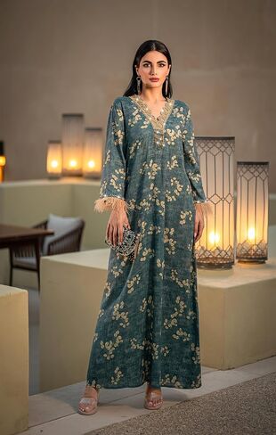 1pc abayas للنساء اللباس المسلمين لبن طويل الأزهار الأزهار الخامس ريش الأصفاد المسلم للنساء المثاليات للارتداء غير الرسمي in Kuwait