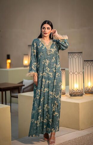 1pc abayas للنساء اللباس المسلمين لبن طويل الأزهار الأزهار الخامس ريش الأصفاد المسلم للنساء المثاليات للارتداء غير الرسمي in Kuwait