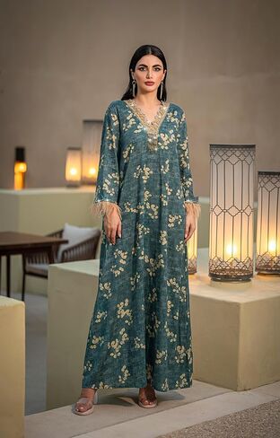 1pc abayas للنساء اللباس المسلمين لبن طويل الأزهار الأزهار الخامس ريش الأصفاد المسلم للنساء المثاليات للارتداء غير الرسمي in Kuwait