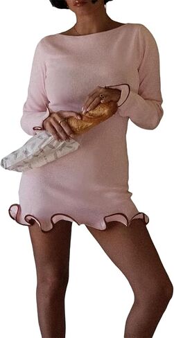 Women's Bodycon Knit Mini Dress Contrast Trim Crew Neck Long Sleeve Short Dresses Lettuce Edge Dress Knitwear in Saudi Arabia
