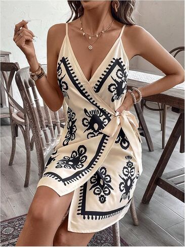 Verdusa Women's Satin Graphic Bow Tie Mini Wrap Dress Backless Spaghetti Strap Dresses in Saudi Arabia