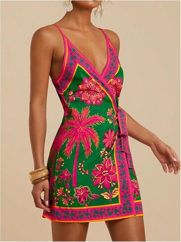 Verdusa Women's Satin Graphic Bow Tie Mini Wrap Dress Backless Spaghetti Strap Dresses in Saudi Arabia