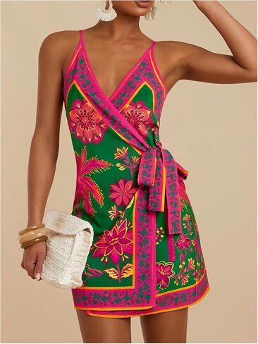Verdusa Women's Satin Graphic Bow Tie Mini Wrap Dress Backless Spaghetti Strap Dresses in Saudi Arabia