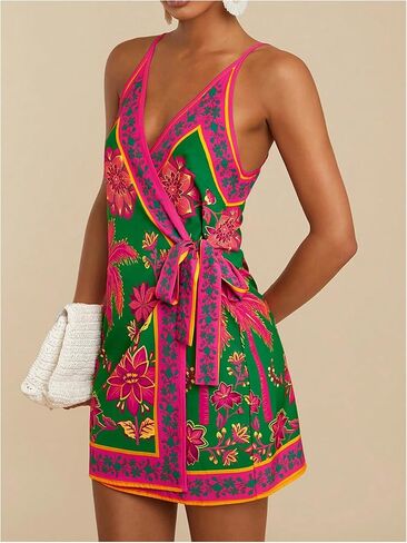 Verdusa Women's Satin Graphic Bow Tie Mini Wrap Dress Backless Spaghetti Strap Dresses in Saudi Arabia
