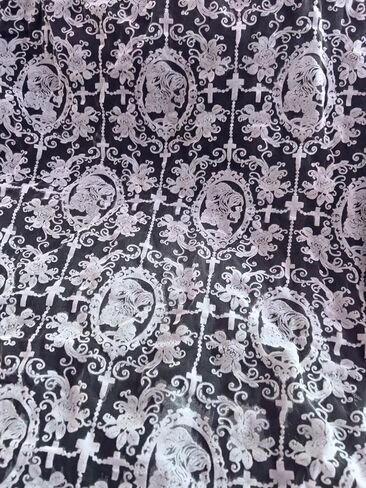 55 Inch Lace Fabric Soft Black Skull Lace Fabric Cross Floral Tulle Fabric for DIY Dress Top Dress Sew,Party Overlay,Curtains,Tablecloth,Halloween Decor (Black (1 Yard)) in Saudi Arabia