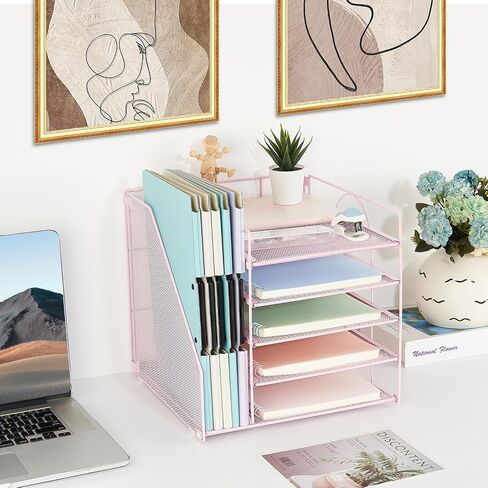 AUPSEN Wood Desk Organizers and Accessories with File Organizer, 5-Tier Paper Organizer with Drawer & Pen Holder, Office Desk Accessories, Workspace Desktop Storage for Office Supplies Organization in Saudi Arabia