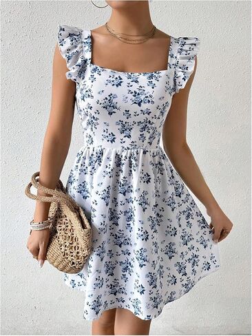 Milumia Women's Ditsy Floral Square Neck Sleeveless Ruffle Strap Short Dress in Saudi Arabia