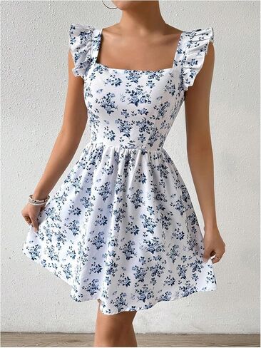 Milumia Women's Ditsy Floral Square Neck Sleeveless Ruffle Strap Short Dress in Saudi Arabia