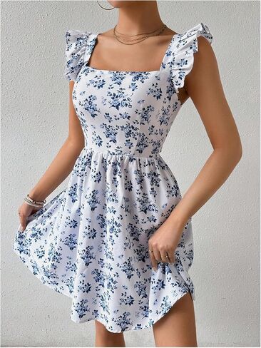 Milumia Women's Ditsy Floral Square Neck Sleeveless Ruffle Strap Short Dress in Saudi Arabia